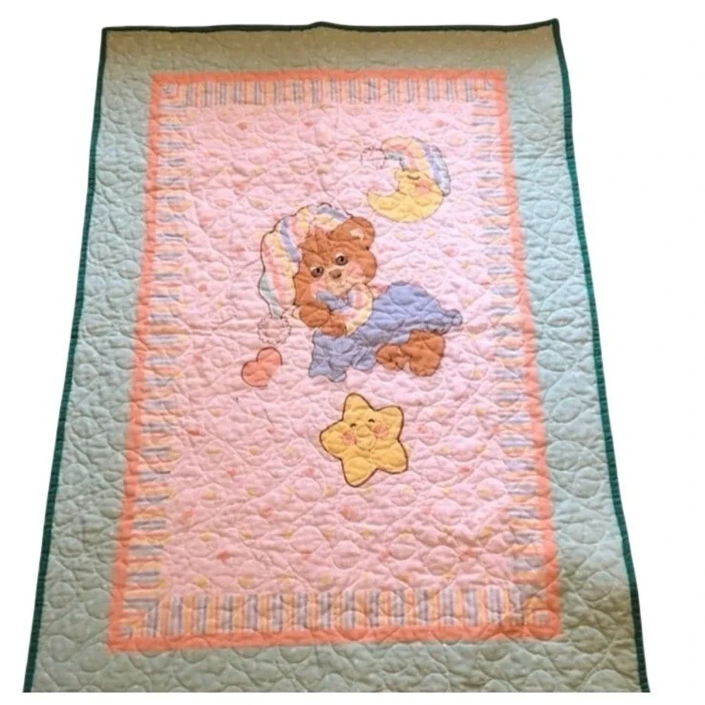 Vintage Teddy Beddy Bear Quilted‎ Baby Blanket Pastel Pink Mint Green Striped